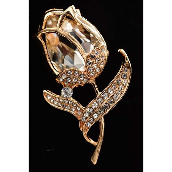 Statement Crystal Rose Pin Brooch Sparkling Rhinestone Gold Tone BinAQ - Picture 1 of 12